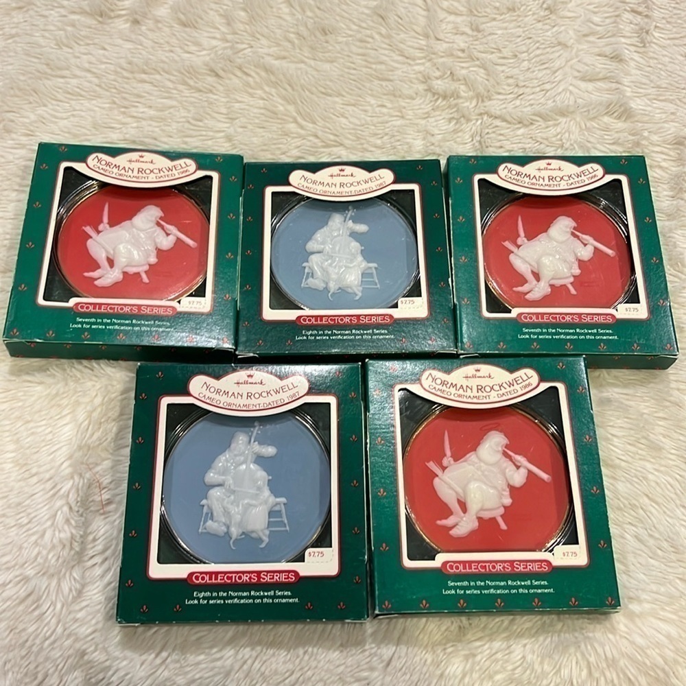 5 Hallmark Norman Rockwell Cameo Ornaments 1986 1987
